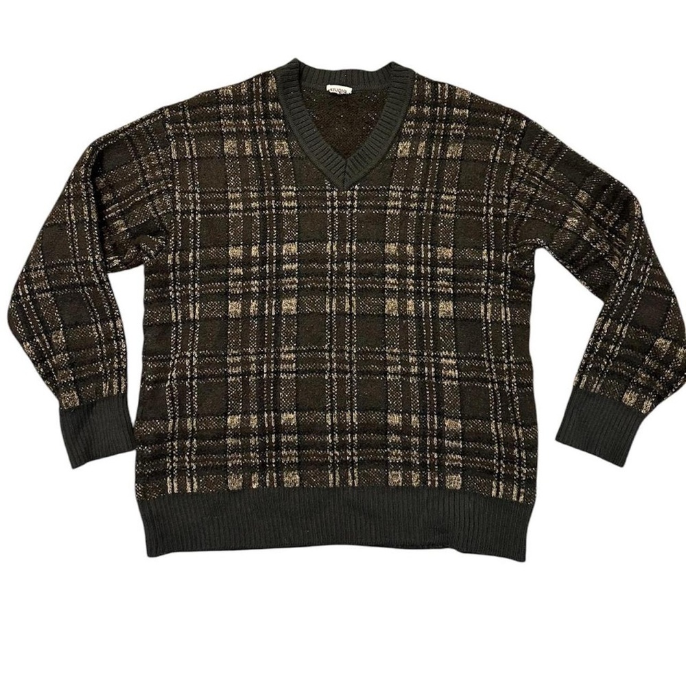 Studio Black and Brown V-Neck Sweater with Plaid Design